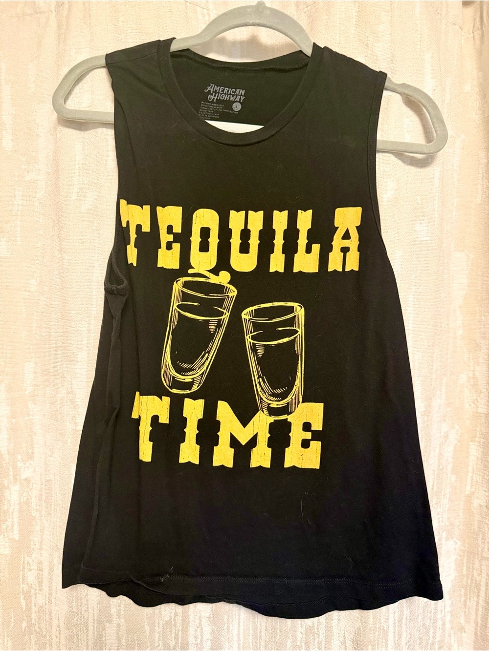American Highway Black Tank Top - "Tequila Time" Yellow Graphic